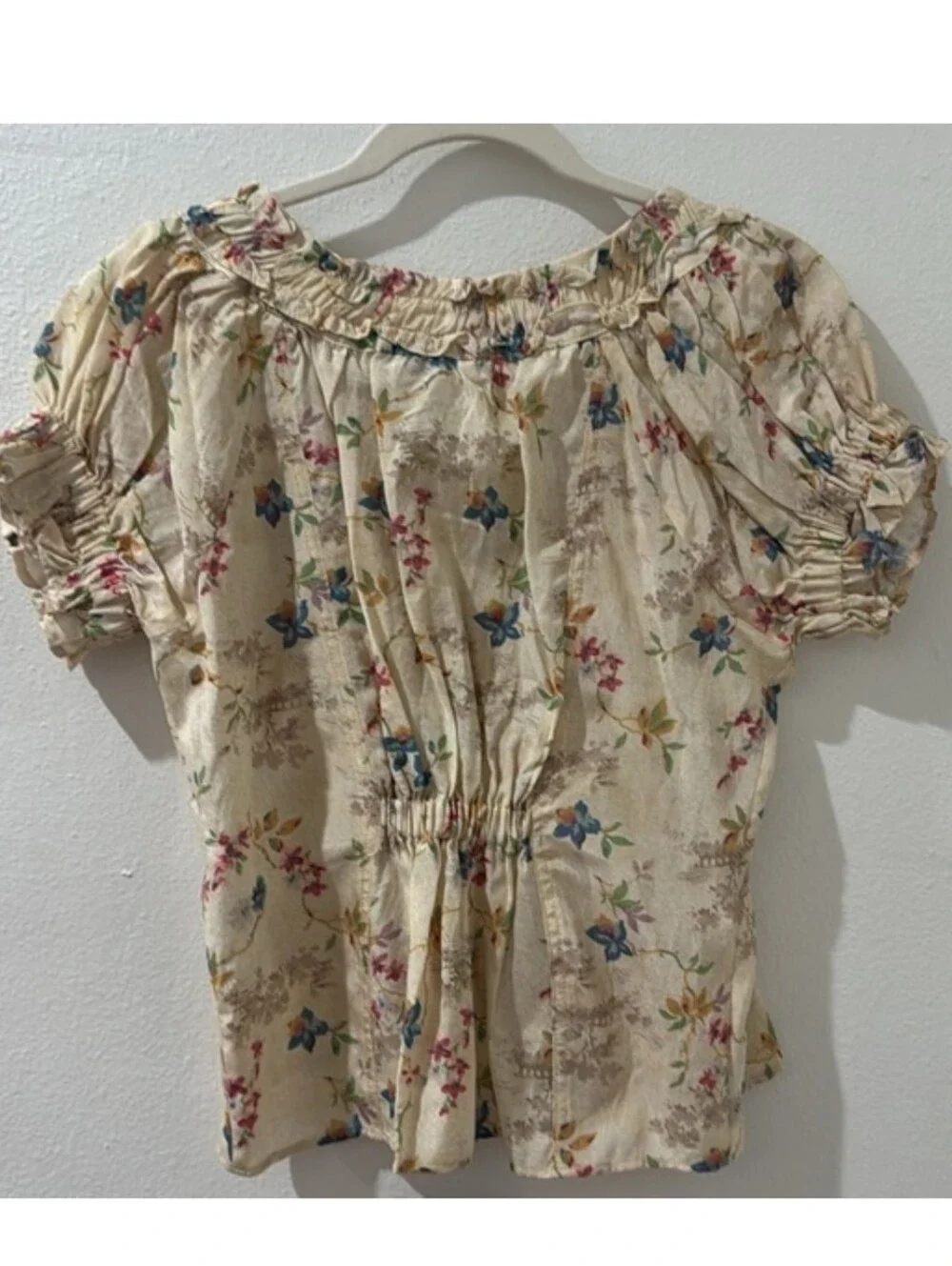 ANTHROPOLOGIE Pilcro Puff Sleeve Pintuck Cream Floral Peasant Top XS NWT
